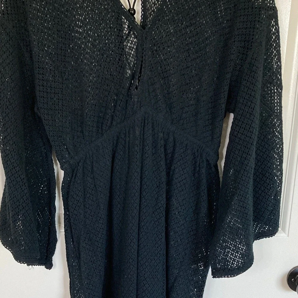 By Anthropologie Black Open Knit Midi Swim Cover Size M Bell Sleeve Boho‎ Resort